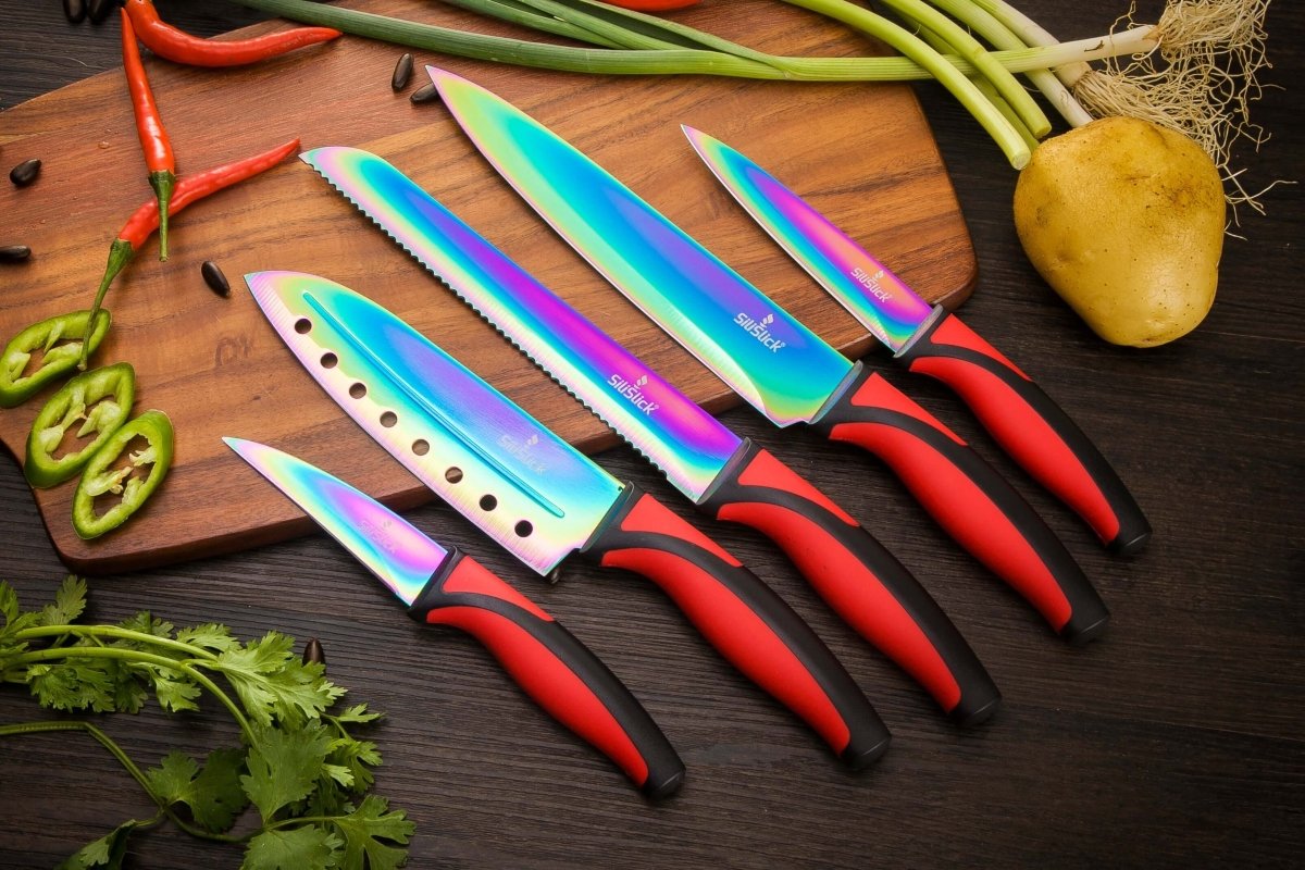 Kitchen Knife Set Kit | Red Handle & Black Magnetic Rack - Univex HubKitchen Knife Set Kit | Red Handle & Black Magnetic Rack