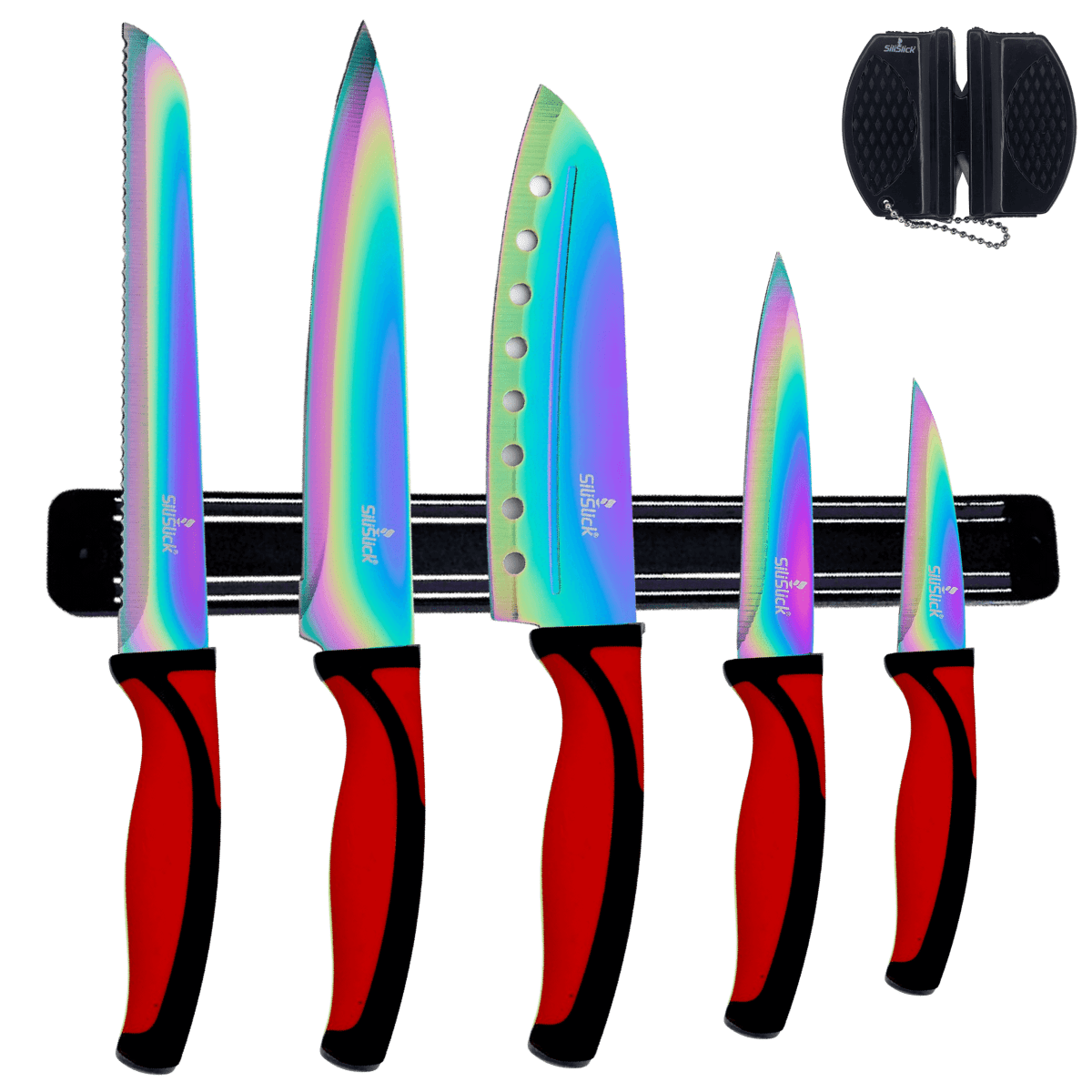 Kitchen Knife Set Kit | Red Handle & Black Magnetic Rack - Univex HubKitchen Knife Set Kit | Red Handle & Black Magnetic Rack