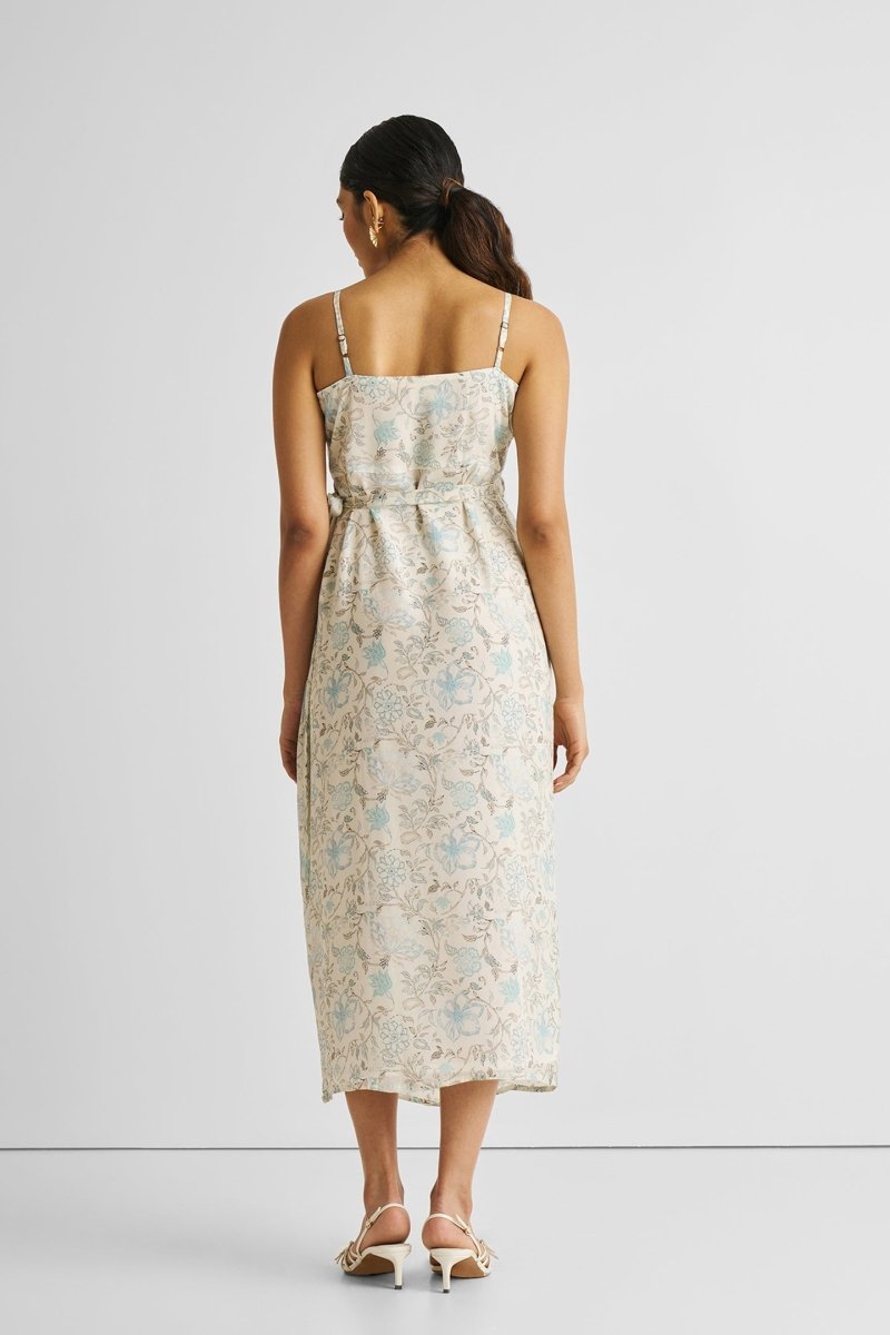 Strappy Wrap Dress in Blue Florals - Univex HubStrappy Wrap Dress in Blue Florals