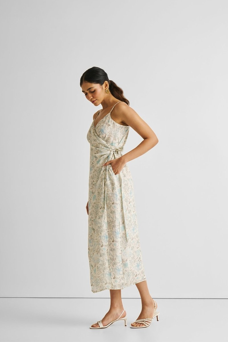 Strappy Wrap Dress in Blue Florals - Univex HubStrappy Wrap Dress in Blue Florals