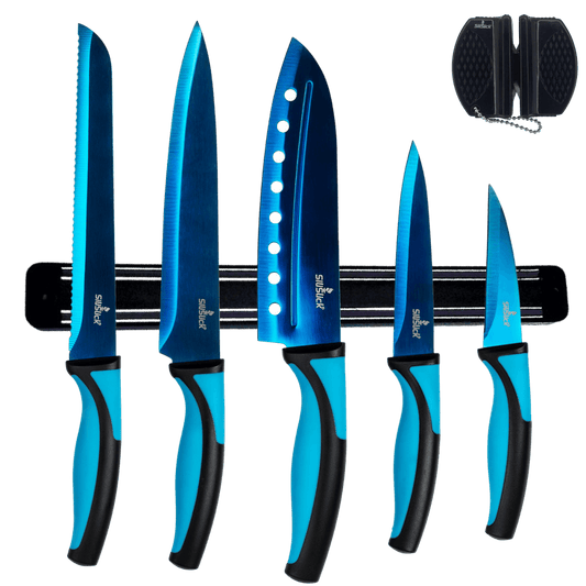 Kitchen Knife Set Kit & Black Magnetic Rack & sharpener - Univex HubKitchen Knife Set Kit & Black Magnetic Rack & sharpener