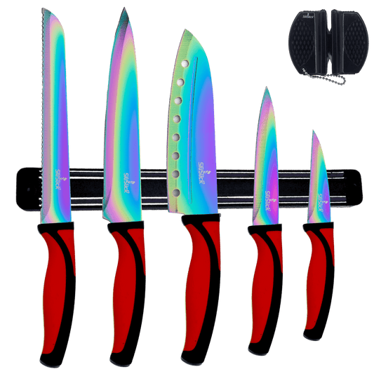 Kitchen Knife Set Kit | Red Handle & Black Magnetic Rack - Univex HubKitchen Knife Set Kit | Red Handle & Black Magnetic Rack