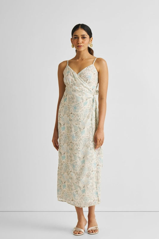 Strappy Wrap Dress in Blue Florals - Univex HubStrappy Wrap Dress in Blue Florals
