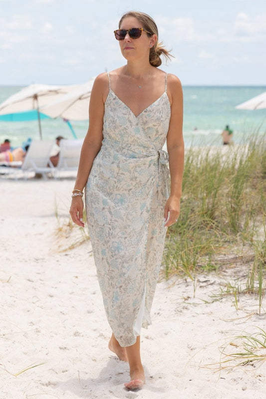 Strappy Wrap Dress in Blue Florals - Univex HubStrappy Wrap Dress in Blue Florals
